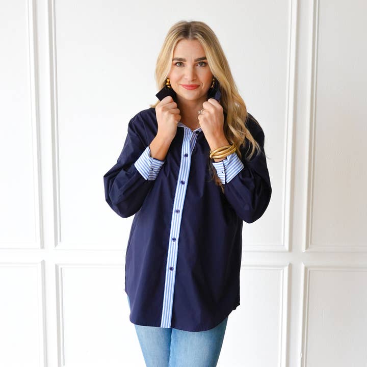 Katherine Top Navy and Powder for wholesale by Caryn Lawn