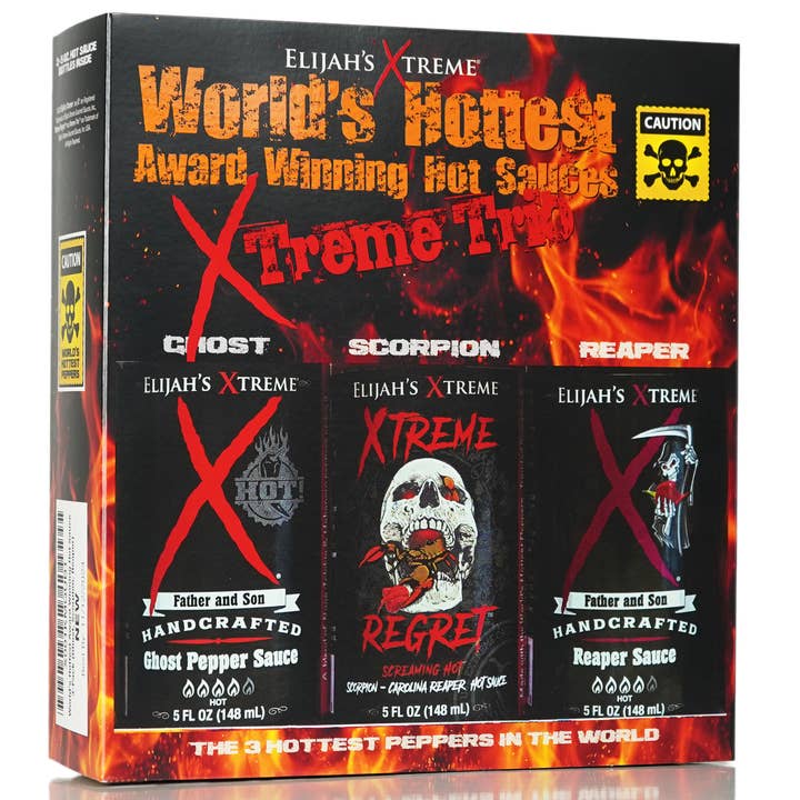 World's Hottest Xtreme Trio Hot Sauce Variety Pack for wholesale by Elijah's Xtreme Gourmet Sauces