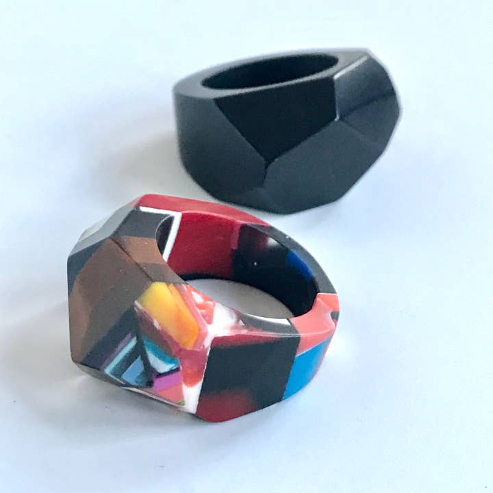 Belart Fair Trade - Wholesale Cocktail/Statement Ring - Poly Resin Bauhaus Mosaic Rings - Faceted