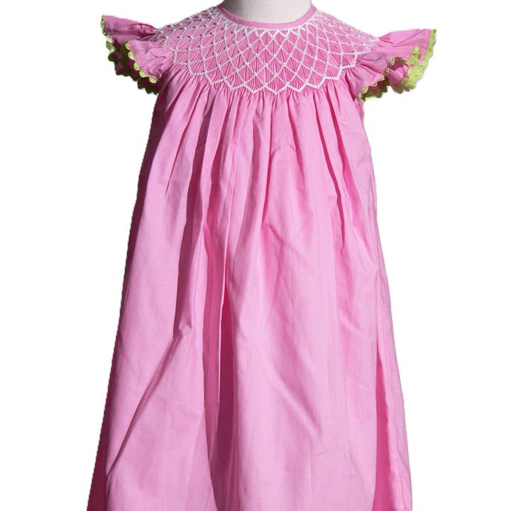 Pink Geometric Smocked With Pearls Angel Wing Sleeve Dress for wholesale by Hello Bebes!