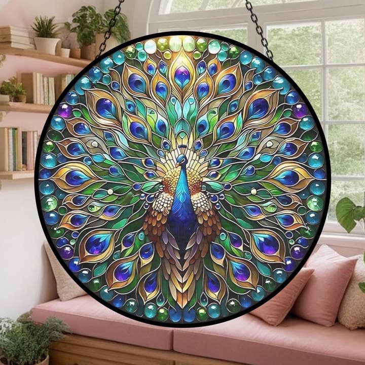 Attrape-soleil en vitrail de paon, suspension de fenêtre de paon pour la vente par TMLECOM LTD