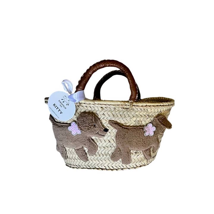 Pequeño bolso de cesta para perro KITTY con asas de cuero hecho de hojas de palma para venta al por mayor de Ziegfeld Kids