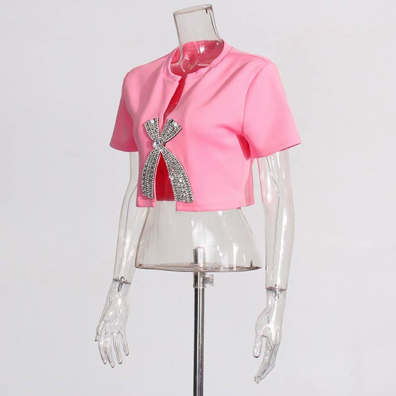 Productseeker - Wholesale Blouse - Women's - TP005 New Diamond Sequined Bow Cropped Top T-shirt23