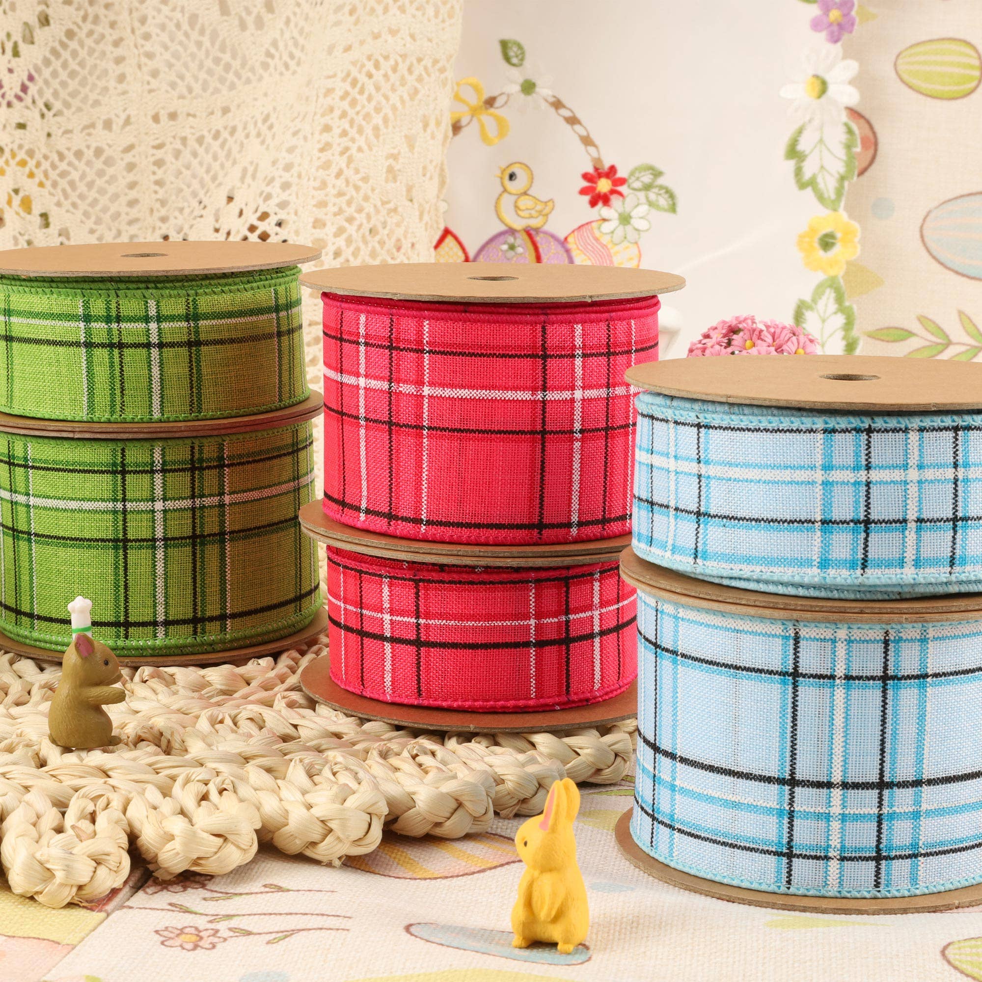 LA Ribbons Wholesale – Engroshandel Bånd – Kablet bånd | Hot pink/Spring Plaid | 10 Yard Roll6