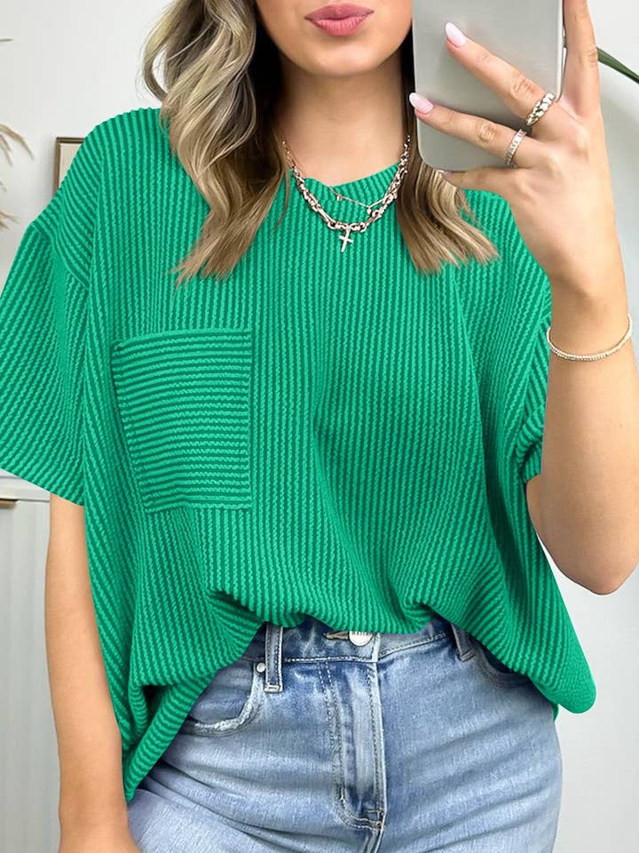 Rosa Clothing - Wholesale T-Shirt - Women's - Casual Wavy Striped Pocket T-Shirt