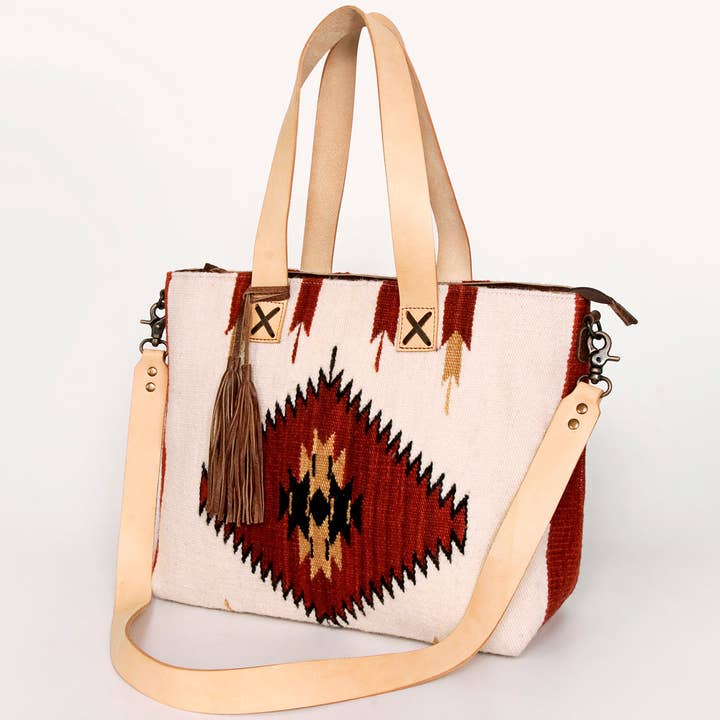 LS Western - Wholesale Tote Bag - Women's - LC-ADBG575D Southwestern Wool Tote with Natural Leather Straps Handwoven Tribal Pattern & Tassel50