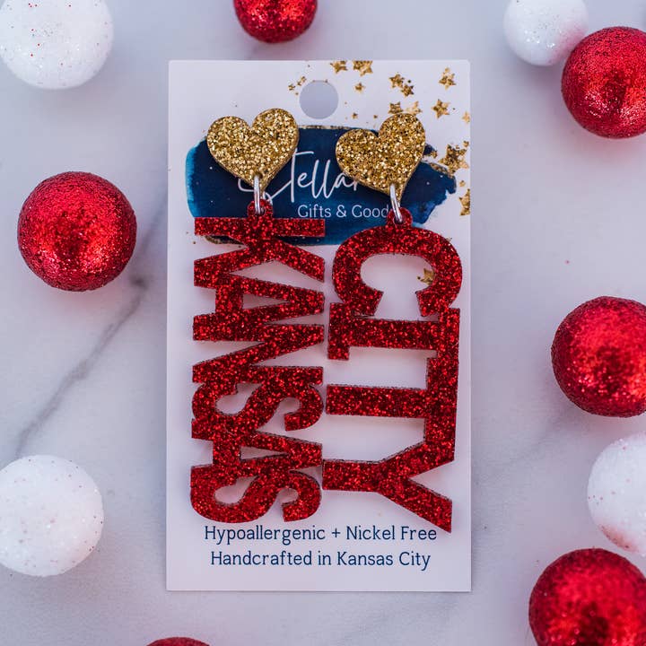 KC Football - Kansas City Drops Red & Gold Glitter Earrings for wholesale by Stellar Gifts & Goods Wholesale