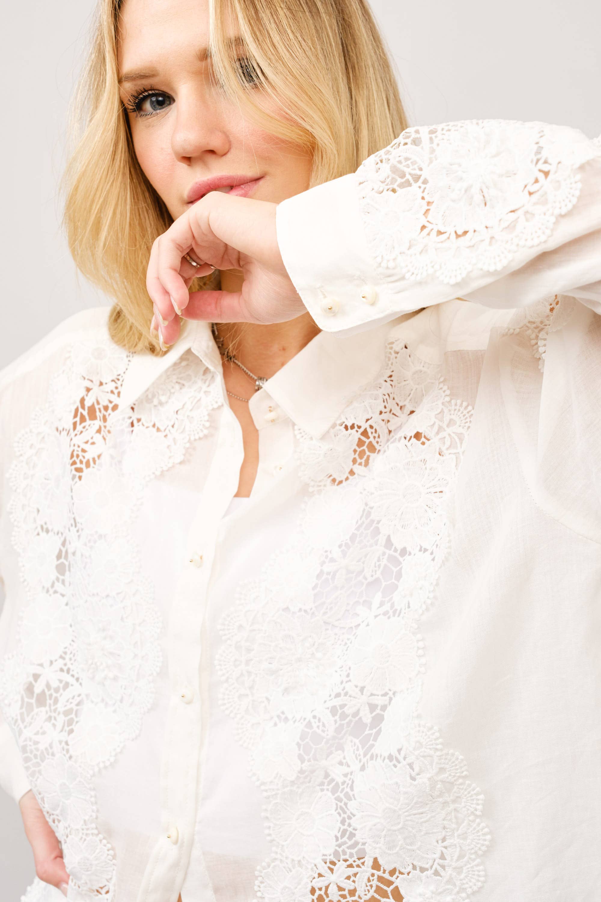 OFF WHITE 41001T - Crochet Lace Linen Blend Button-Up Blouse for wholesale on Faire4