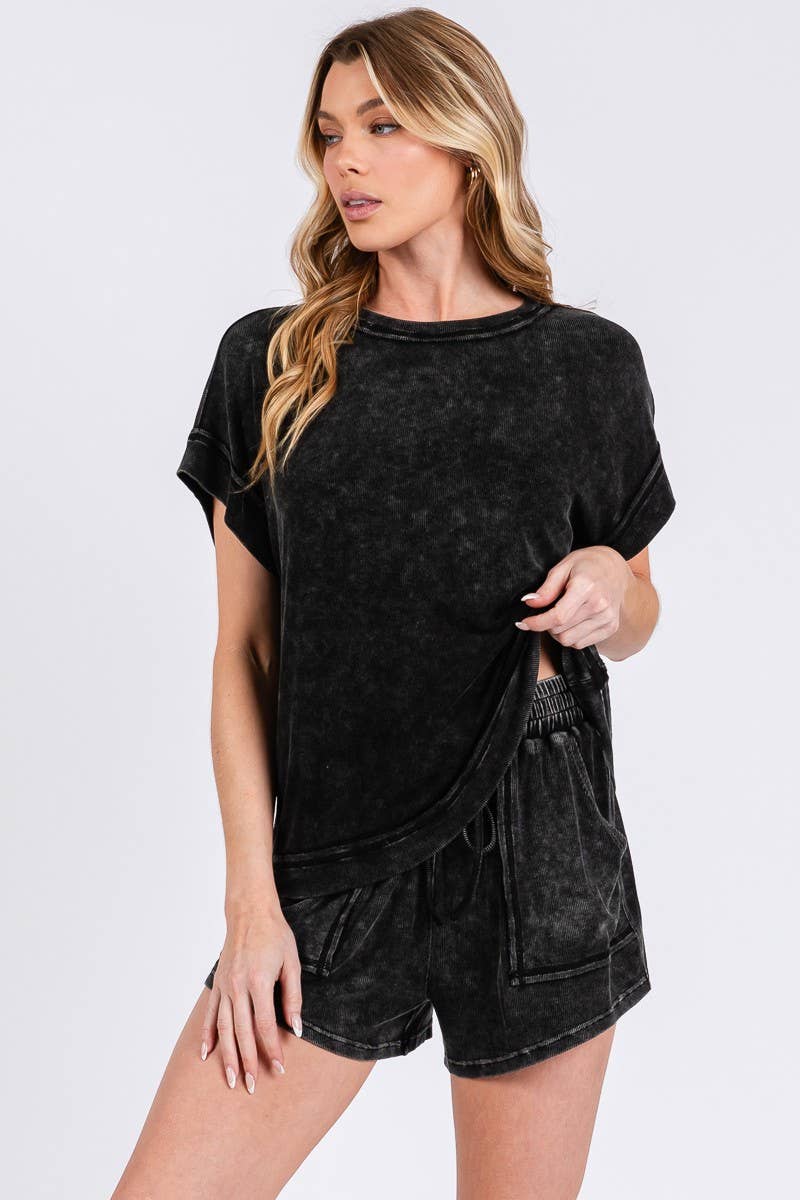 Sewn and Seen - Wholesale Lounge Set - Women's - MINERAL WASHED TOP AND SHORTS RIB SET 24