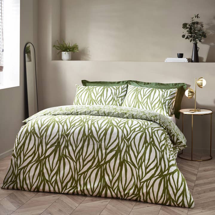 Frond Abstract Cotton Rich Reversible Duvet Cover Set Olive for wholesale by Riva Home