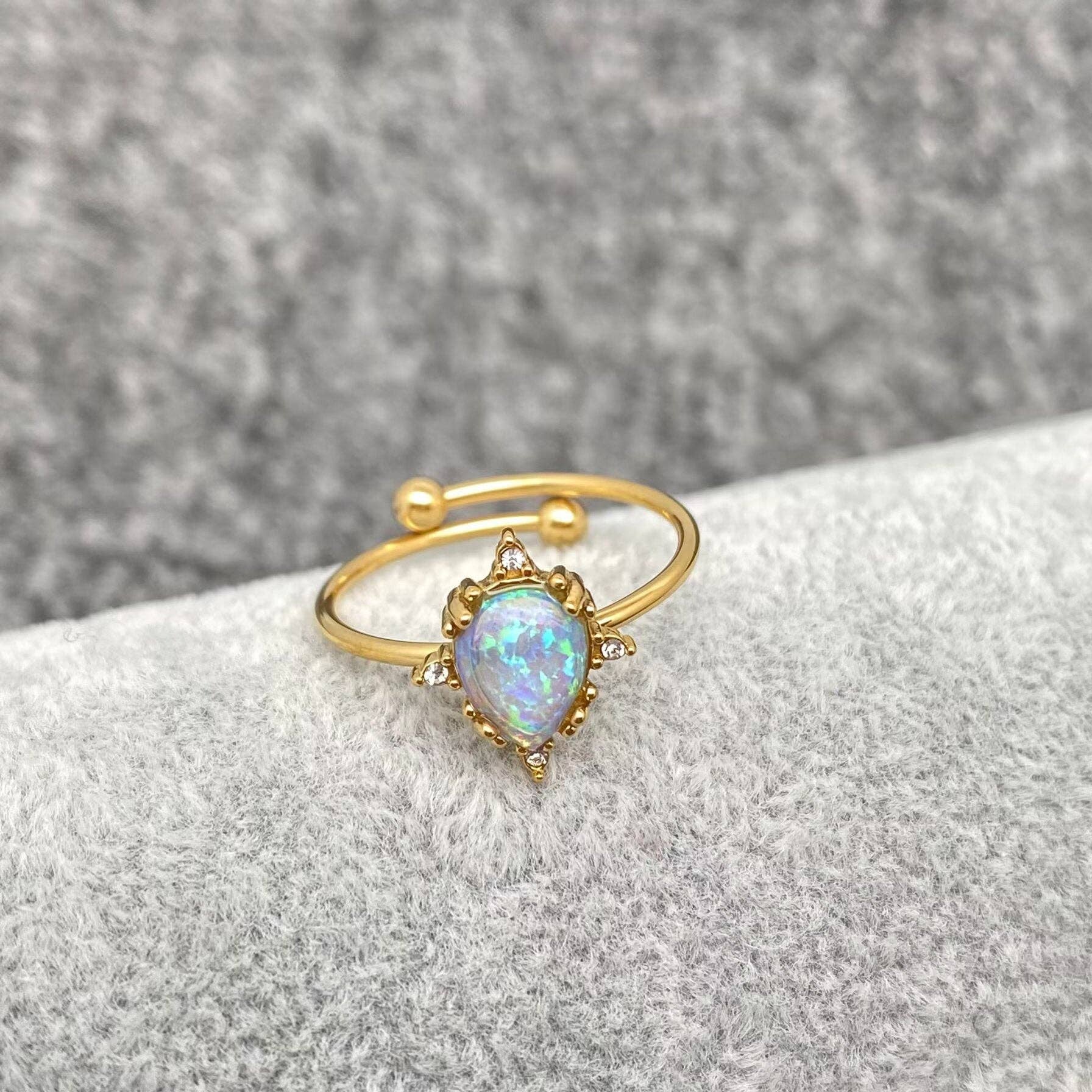 Mio Queena - Wholesale Single Stone/Solitaire Ring - Lucky Opal 18K Gold Plated SS Adjustable Ring - FGS/CS4