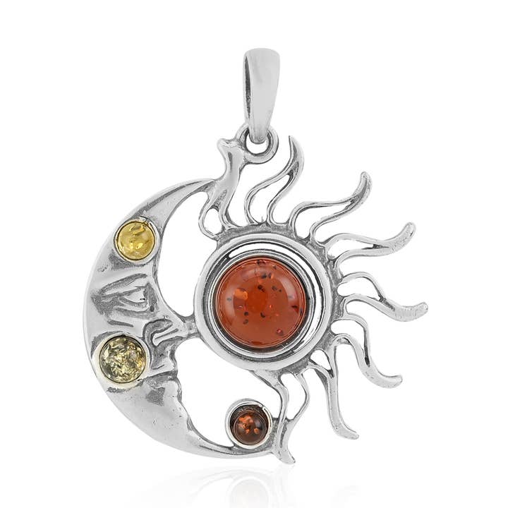 Pendentif soleil et lune en argent sterling et ambre multicolore pour la vente par Amberman