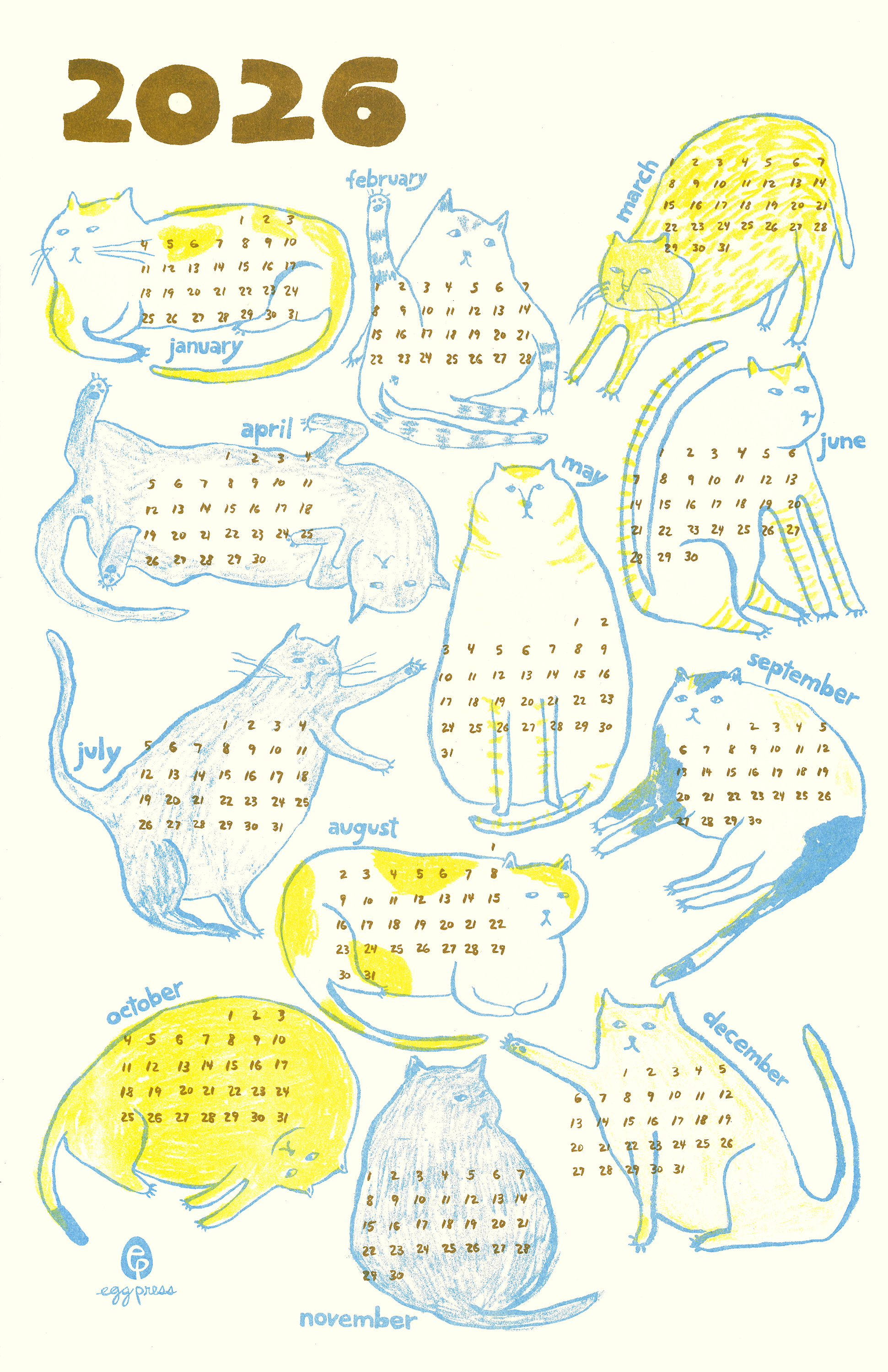 Egg Press Manufacturing - Wholesale Calendar - Cats 2026 Calendar Illustrated Risograph Print4