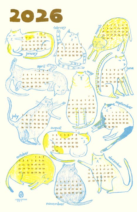 Egg Press Manufacturing - Wholesale Calendar - Cats 2026 Calendar Illustrated Risograph Print4