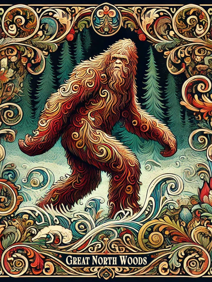 Great North Woods Bigfoot Sighting - Bigfoot Art Prints – 8″x8″ Artwork in 12″x12″ Mat for wholesale by Mowbi