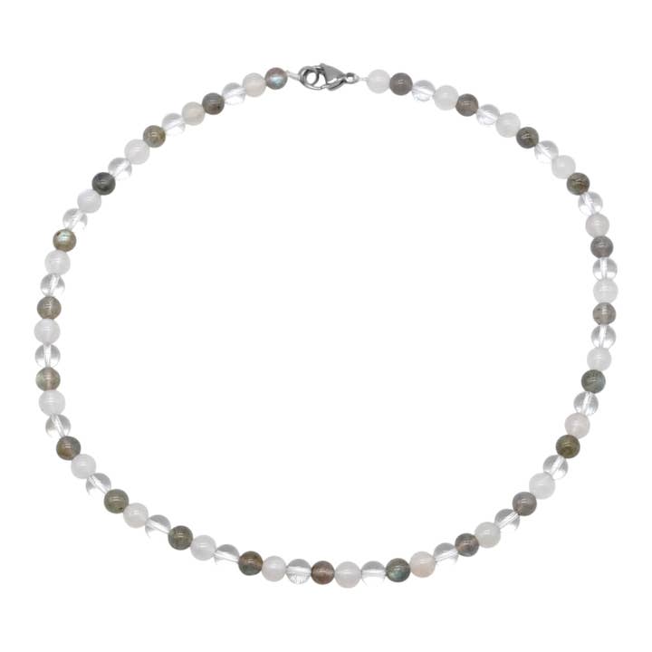 Spiritual Energy halskæde AA med rustfri stållås – blå månesten A, labradorit A og bjergkrystal (nummer 8) for engroshandel hos Foliesbijoux