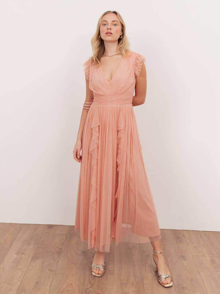 Anaya With Love Recycled Peach V Neck Midaxi Dress with Waterfall Ruffle Detail for wholesale by Plaza Collection Ltd