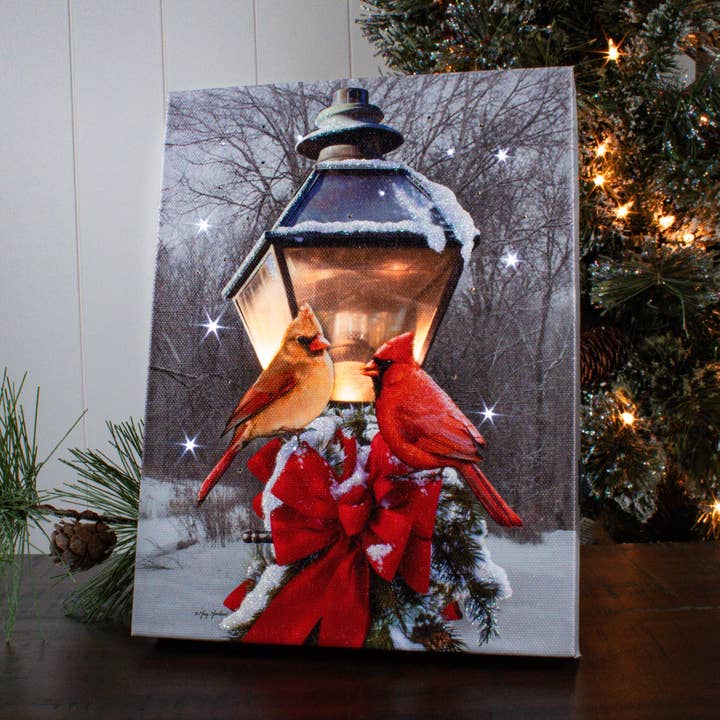 Cardinals in the Snow 8x6 Lighted Tabletop Canvas for wholesale by Glow Decor