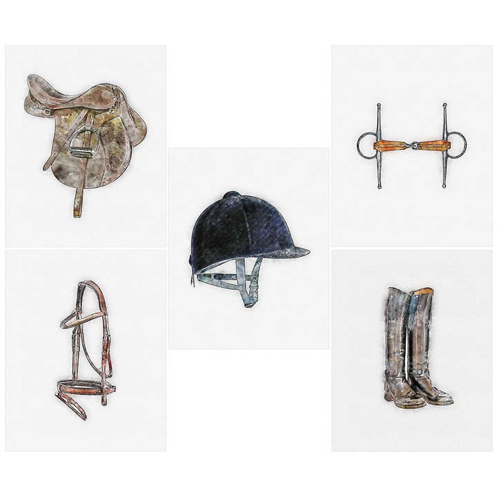 The Gift Horses - Vendita all'ingrosso Set per galleria a parete - Set di 5 stampe artistiche senza cornice - Attrezzatura da equitazione inglese - Stampe ad acquerello