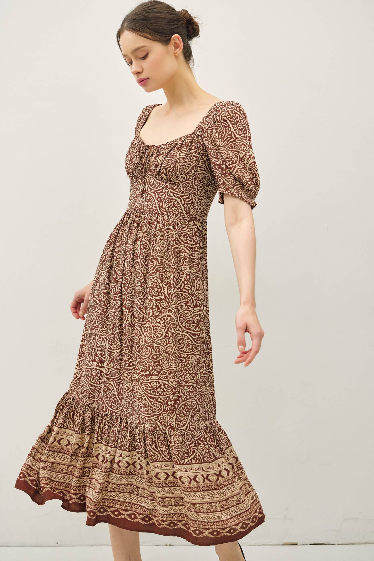 Be Cool - Vente Robe – femme - ROBE MIDI À MANCHES BOUFFANTES AVEC IMPRIMÉ BORDURE CACHEMIRE0