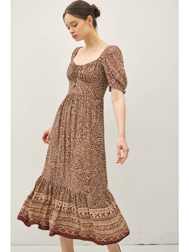 Be Cool - Wholesale Dress - Women's - PAISLEY BOARDER PRINT PUFF SLEEVE MIDI DRESS
0