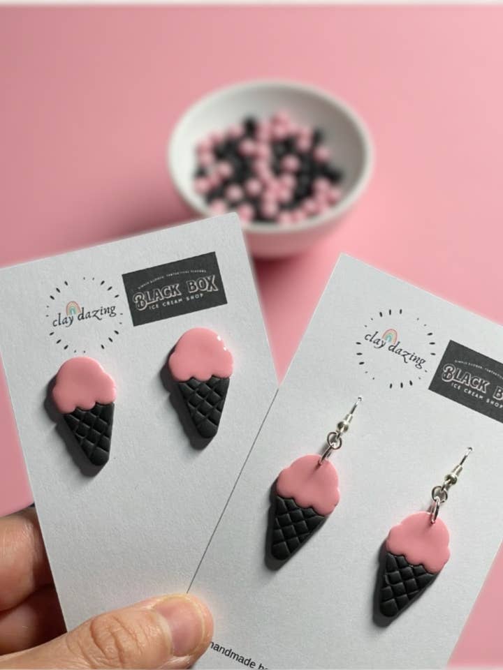 Black and Pink Ice Cream Cone Studs for wholesale by Clay Dazing