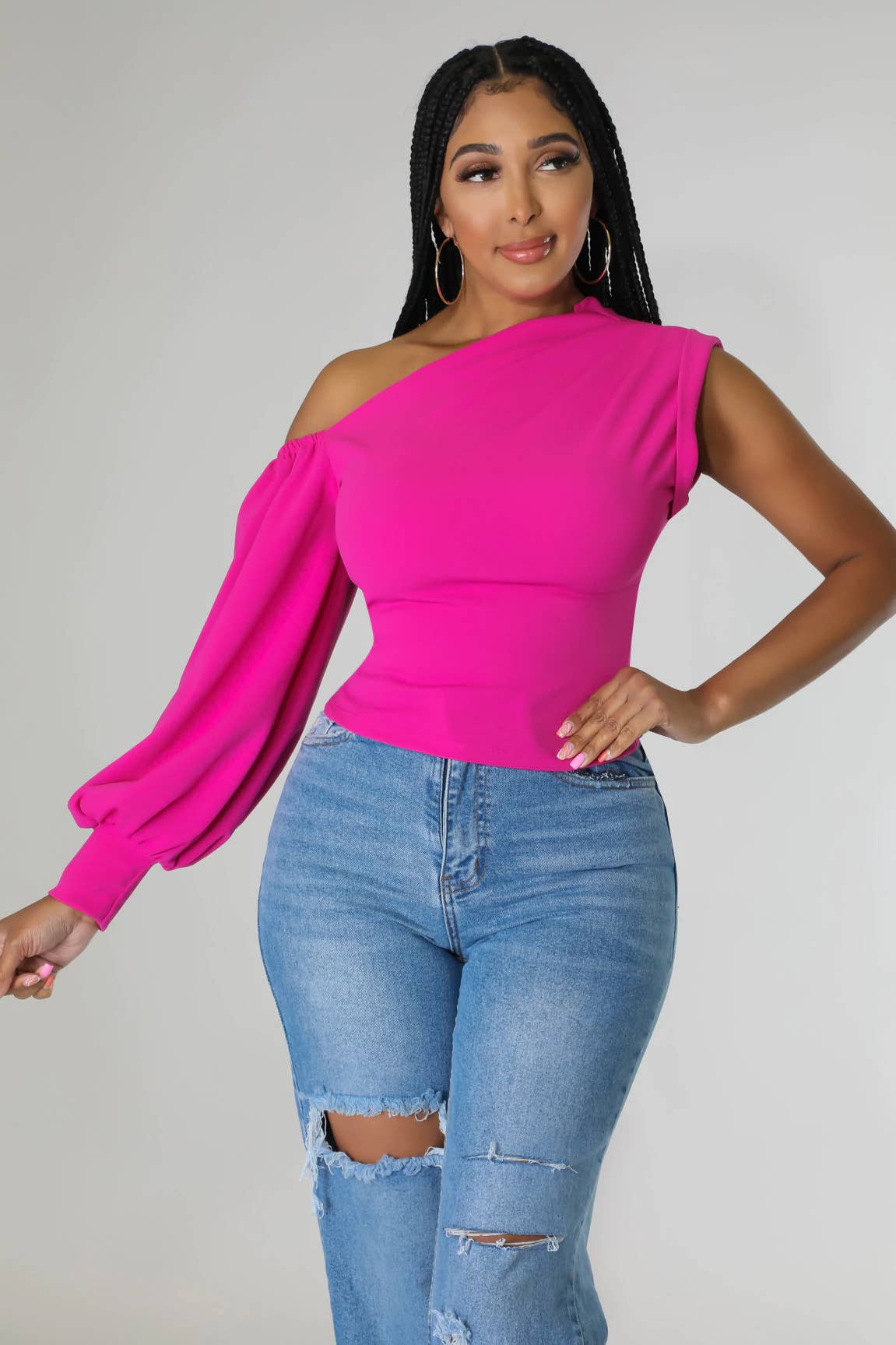 5besties inc - Vente Chemisier – femme - HAUT À MANCHES BULLES À UNE ÉPAULE13