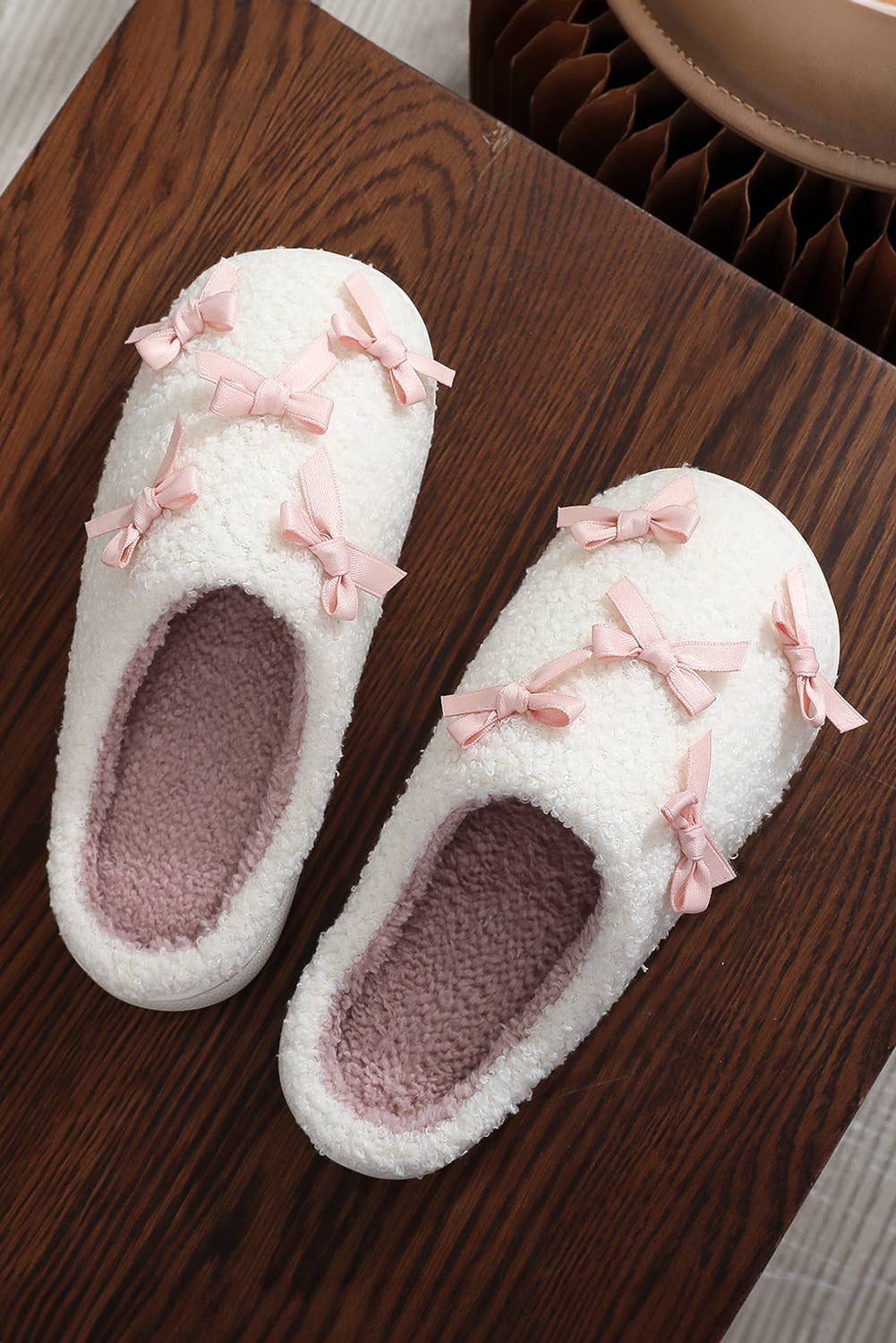 As shown Bow Knot Trim Plush Slippers | US6-11 for wholesale on Faire1