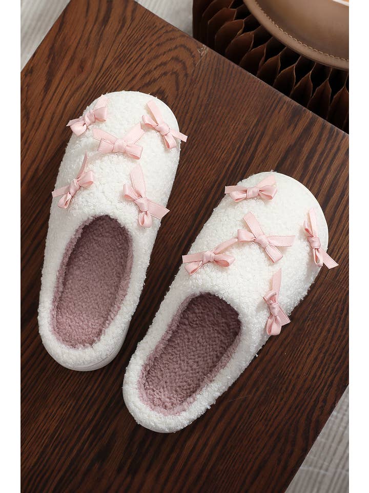 As shown Bow Knot Trim Plush Slippers | US6-11 for wholesale on Faire1