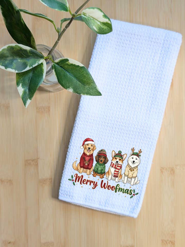 Tea Towel Waffle Fabric Christmas Dogs Woofmas 16" x 24" for wholesale by Creations by Terra