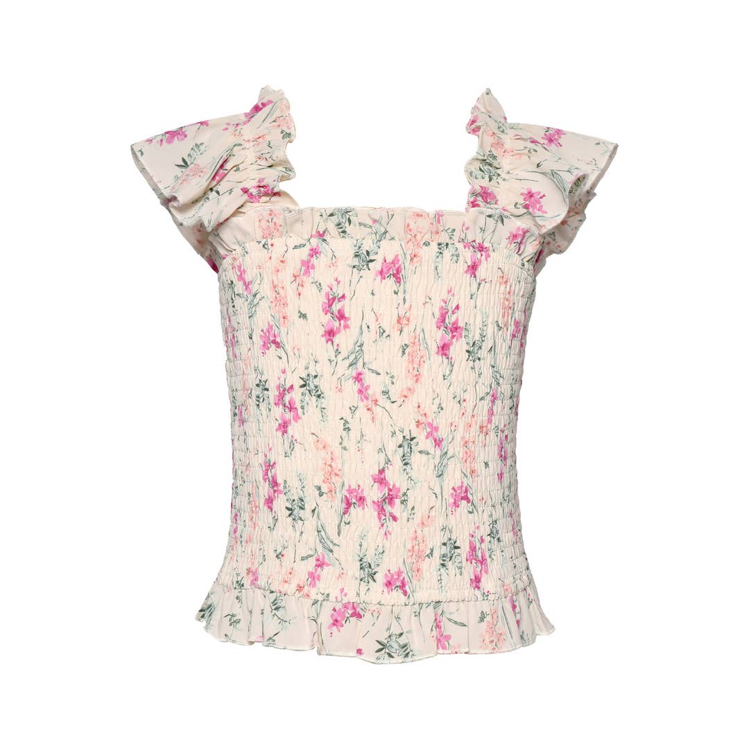 IVORY MULTI FLORAL RUFFLE SMOCKED TOP for wholesale on Faire