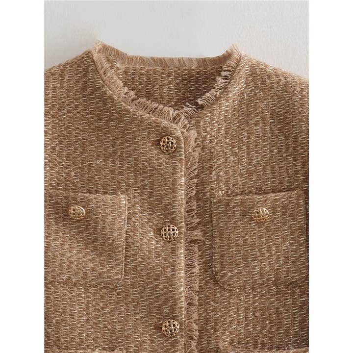 UZ Wholesale Store – Engroshandel Jakke - Dame – Kvindejakke i tweed med metalliske knapper og enkelt bryst, kort jakke1