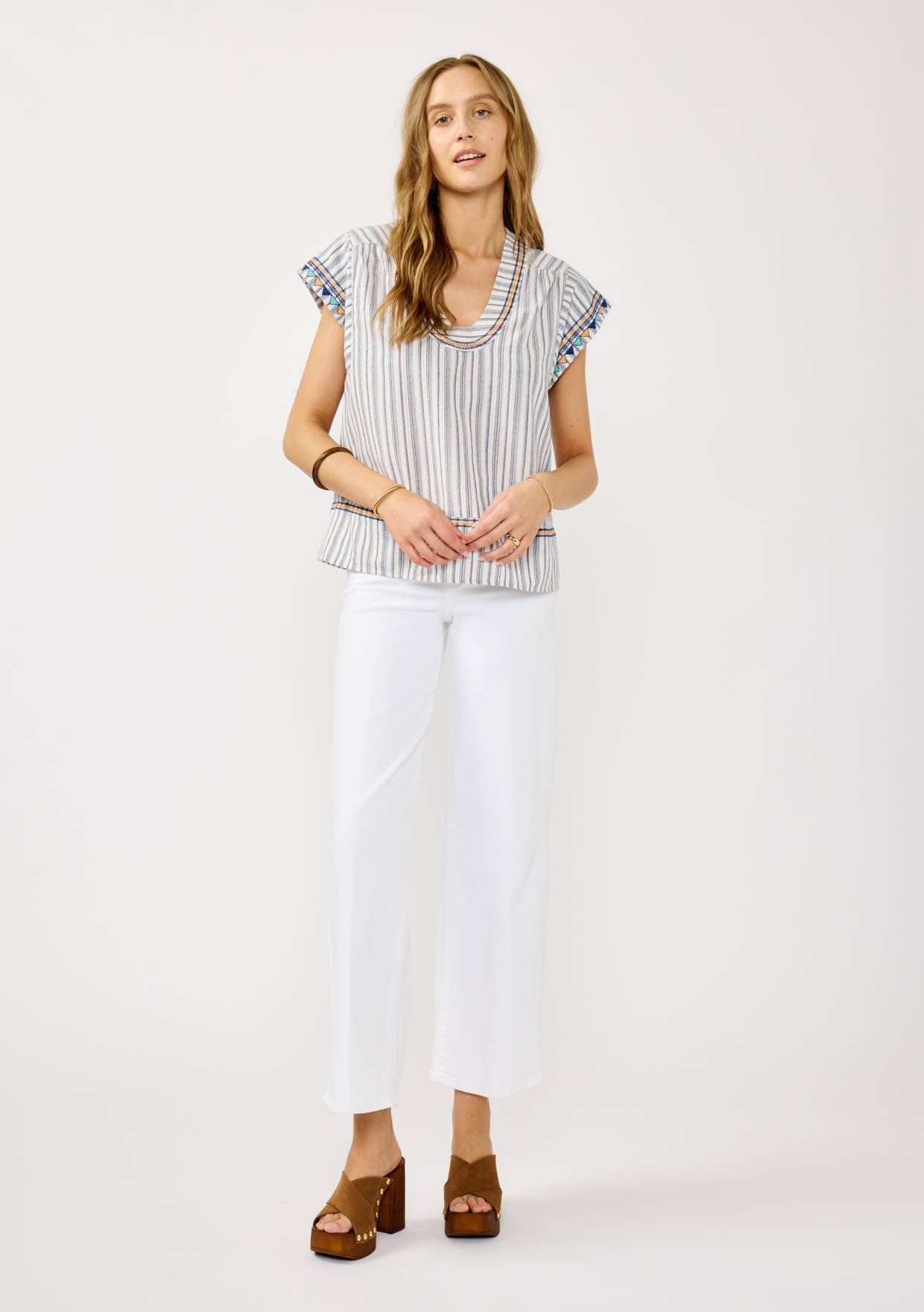 Off White Navy Embroidered Cap Sleeve Stripe Blouse for wholesale on Faire4