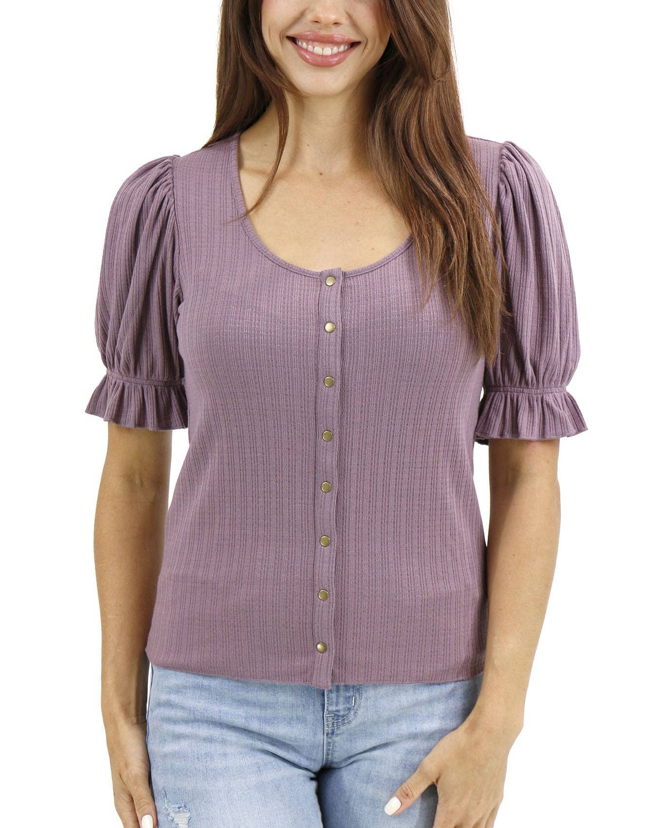 Scoop Neck Puff Sleeve Top In Mystic Purple for wholesale on Faire5