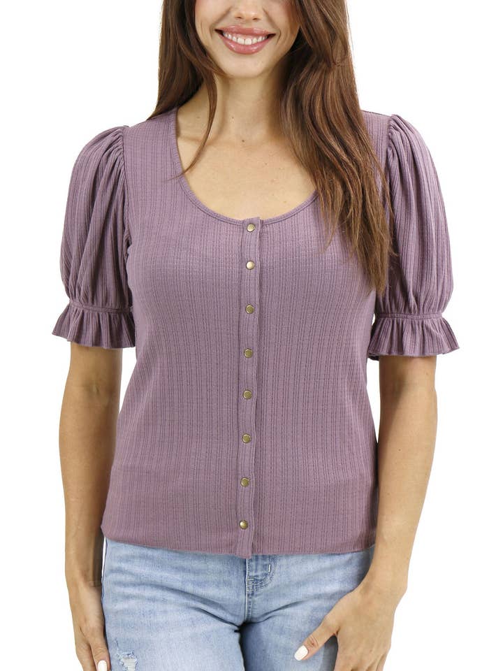 Scoop Neck Puff Sleeve Top In Mystic Purple for wholesale on Faire5