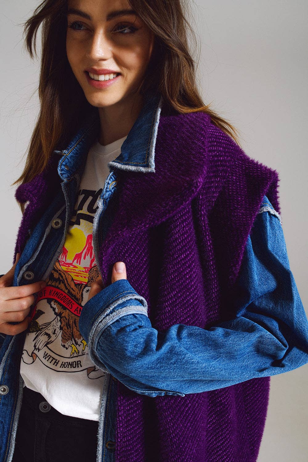 Open Herringbone Gilet with Shawl Style Collard in purple for wholesale on Faire3