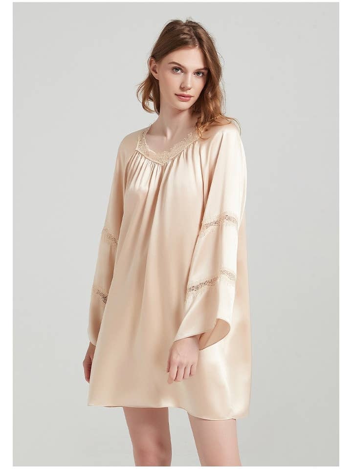 Champagne Gold SaySilkâ„¢ 19 Momme Luxury Silk Long Sleeve Sleepwear Dress for wholesale on Faire