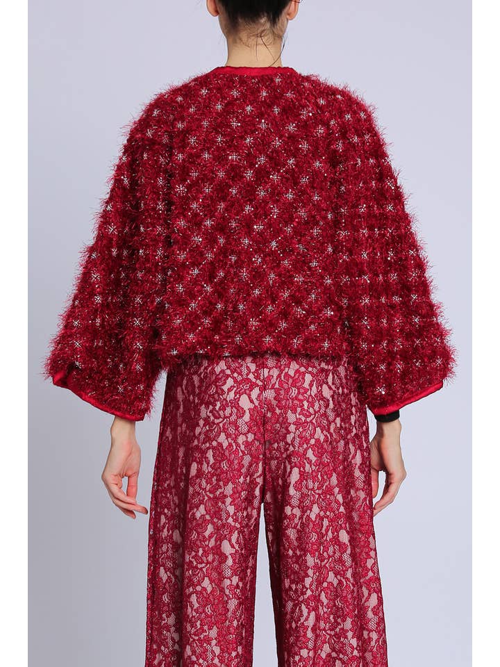 Red Embellished Fuzzy Boucle Crop Jacket PC4109 for wholesale on Faire