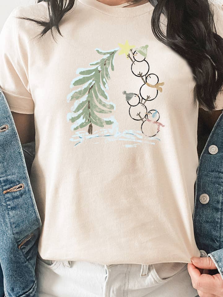 Kissed Apparel - Wholesale Screen Printed T-Shirt - Women's - Snowmen Decorating Tree with Star Graphic Tee4