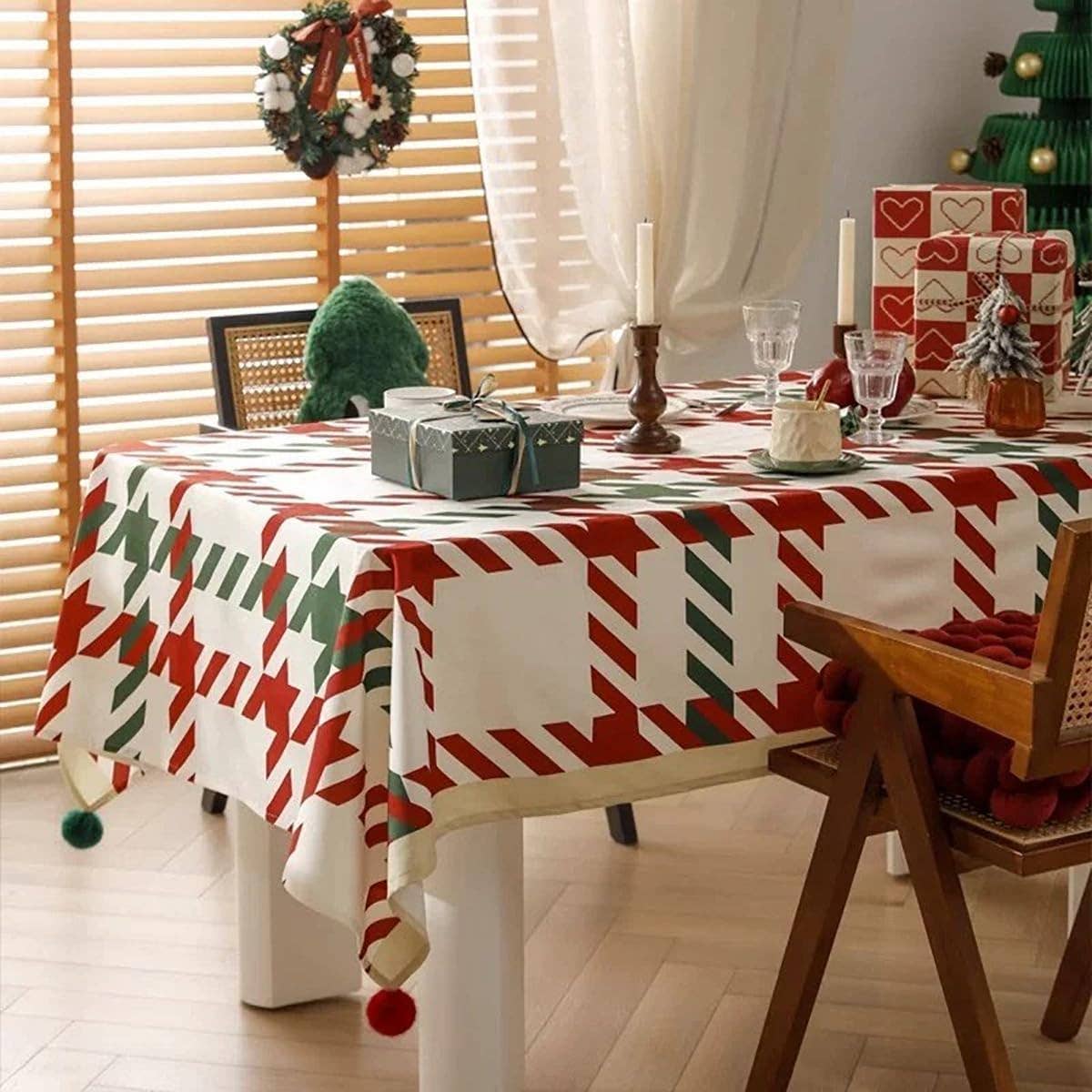 Fennco Styles - Wholesale Tablecloth - Classic Plaid Holiday Tablecloth with Pom-Poms4