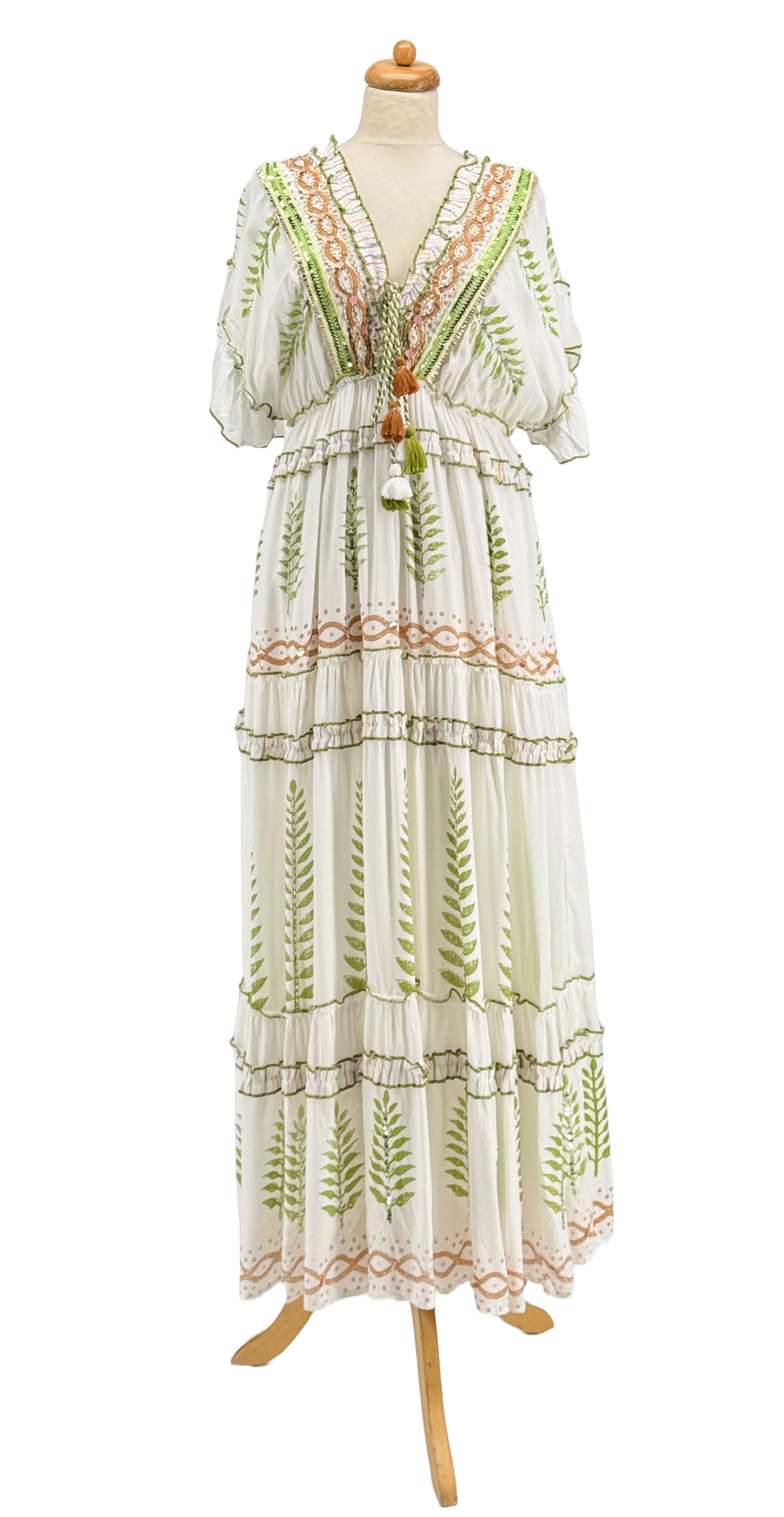 (KHAKI - PETROLEUMBLÅ - AQUAGRØN) BOHO KJOLE MED BLADE BLOCKPRINT, BREDE ÆRMER for engroshandel på Faire5