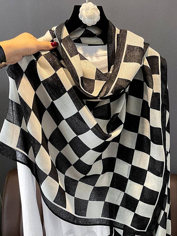 StyleGalX – Cachecol - Mulher por atacado – Lenço estampado xadrez de cor contrastante de moda simples5