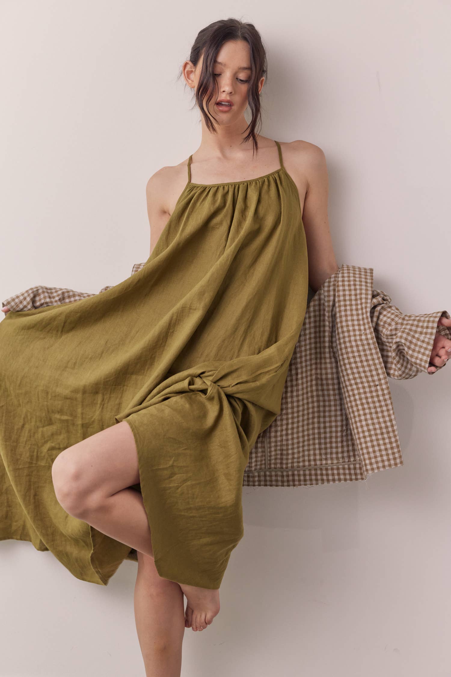M Green Linen back tie ankle dress for wholesale on Faire6