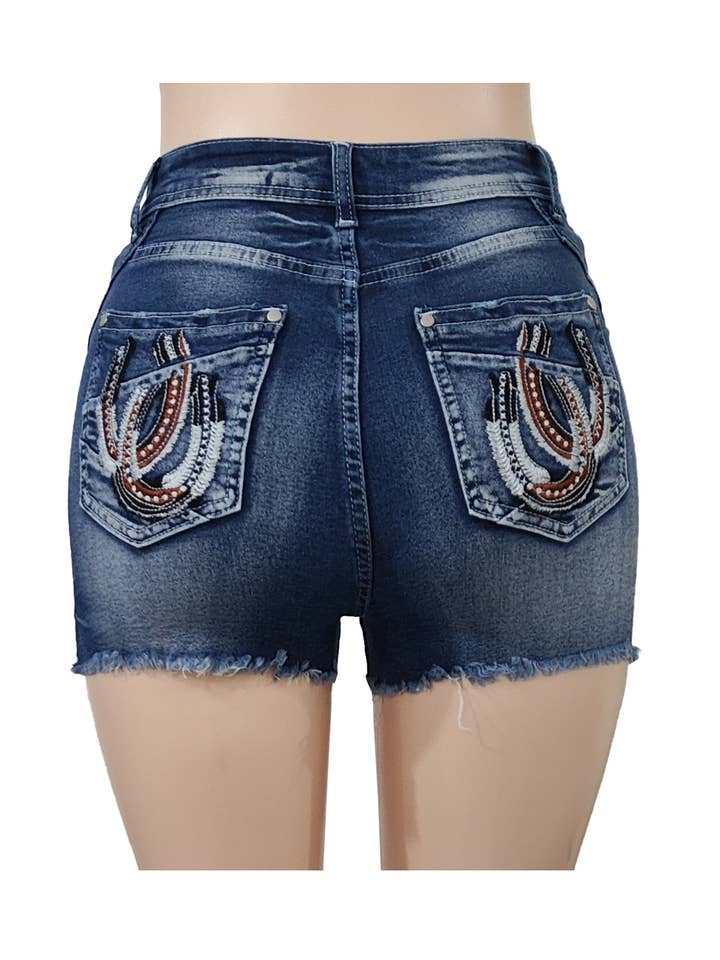 DarkBlue Horseshoe embroidered denim shorts for wholesale on Faire