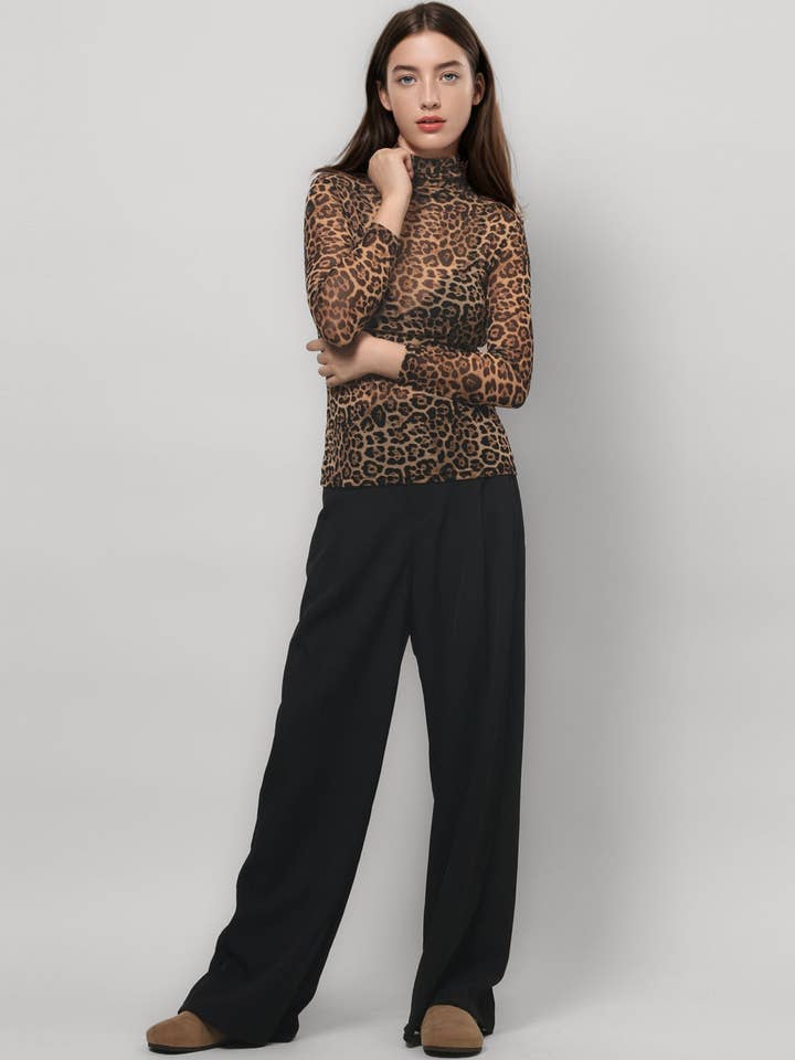 Dipped Shop - Wholesale Blouse - Women's - Leopard Print HIgh Collar Slim Fit Sexy Mesh Top DPT47966