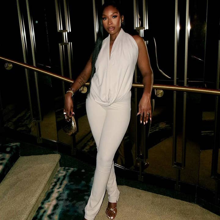 Elegant Halter Drape Top & Tailored Trousers Set — Soft Ivory Two-Piece for wholesale by Serene Couture