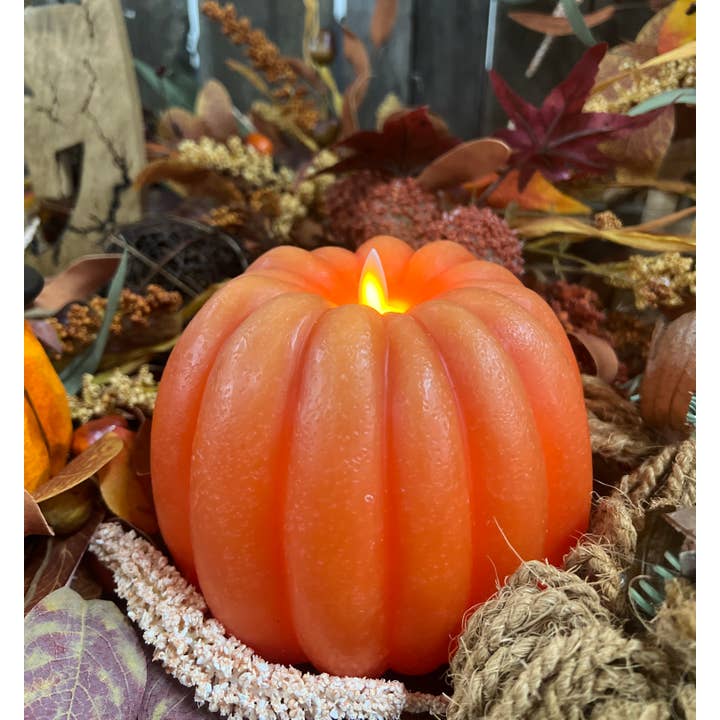 Wholesale Home Decor - Wholesale Flameless Candle - Orange Pumpkin Carved Moving Flame LED Candle 6x5