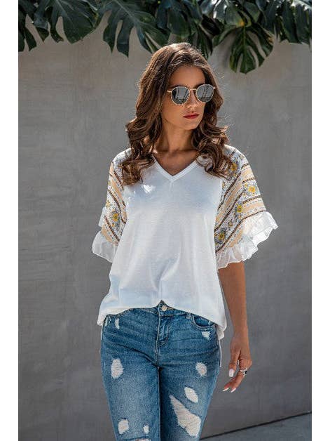 Supreme Fashion - Wholesale Blouse - Women's - Splicing Print V Neck Ruffle Elegant Top2