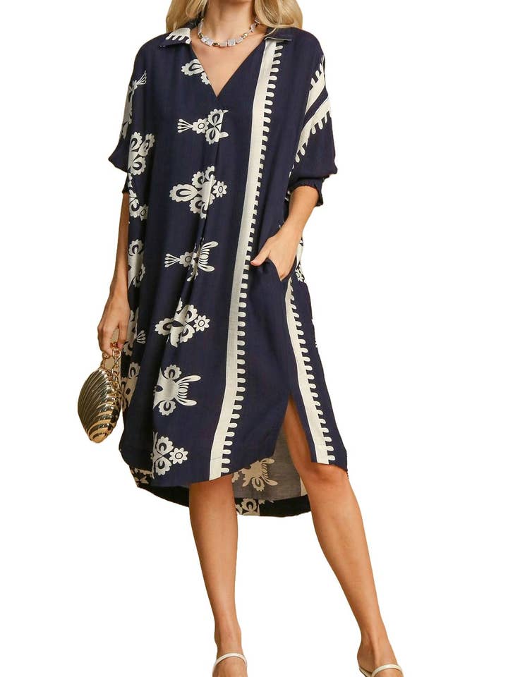 Abstract Print Midi Dress - Puff Smocked Sleeves for wholesale by Vanilla Monkey