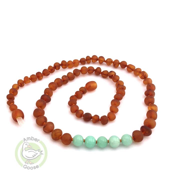Amber & Gemstone Necklaces - Adult - Raw Cognac & Amazonite for wholesale by Momma Goose Products, Ltd.